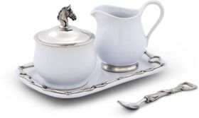 Stoneware Sugar and Creamer Set "Equestrian" with Tray and Solid Pewter Accents