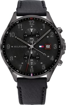 Chronograph Black Leather Strap Watch 44mm