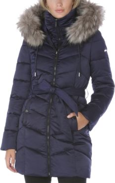 Belted Faux-Fur-Trim Hooded Puffer Coat