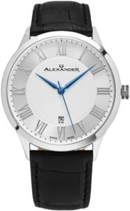 Alexander Watch A103-01, Stainless Steel Case on Black Embossed Genuine Leather Strap