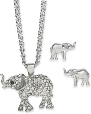 Silver-Tone Crystal Elephant Pendant Necklace & Stud Earrings Boxed Set, 17" + 2" extender, Created for Macy's