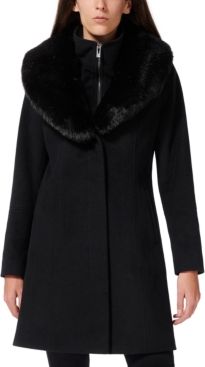 Faux-Fur-Collar Faux-Leather-Trim Coat