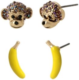 Monkey Duo Stud Earrings, Set Of 2 Pairs