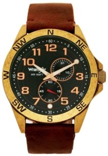 Watch, 48MM Antique Brass Plated Case, Compass Directions on Bezel, Black Dial, Antiqued Arabic Numerals, Multi Function Date and Second Hand Subdials, Brown Leather Strap