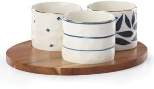 Blue Bay Set/3 Round Snack Bowls with Wood Tray