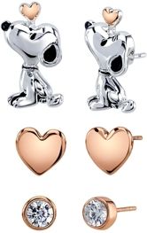 Unwritten Three Pair Silver Plated Snoopy Earring Set with Rose Gold Heart and Cz Bezel Stud