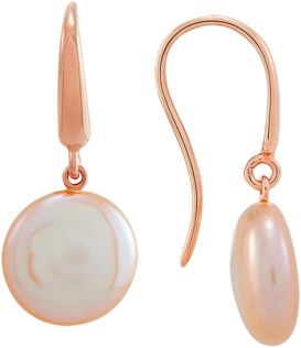 White Cultured Freshwater Coin Pearl (13mm) Drop Earrings in 14k Rose Gold-Plated Sterling Silver