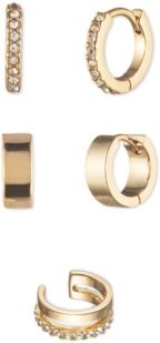 Gold-Tone 3-Pc. Set Extra-Small Pave Hoop & Cuff Earrings, Created for Macy's, 0.43"
