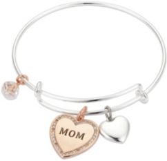Crystal "Mom" Heart Adjustable Bangle Bracelet in Stainless Steel and Rose Gold Two-Tone Fine Silver Plated Charms
