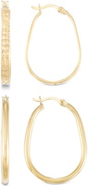 2-Pc. Brushed and Polished Oval Hoop Earrings Set in 14k Gold Over Sterling Silver