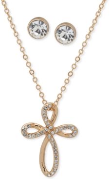 Gold-Tone Pave Cross Pendant Necklace & Crystal Stud Earrings Set