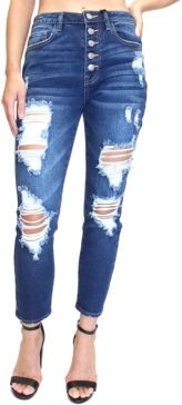 Juniors' Button-Fly Destructed High-Rise Mom Jeans