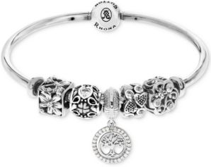 Cubic Zirconia Family Tree Charm Bangle Bracelet Gift Set in Sterling Silver