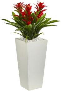 Triple Bromeliad Artificial Plant in White Tower Planter