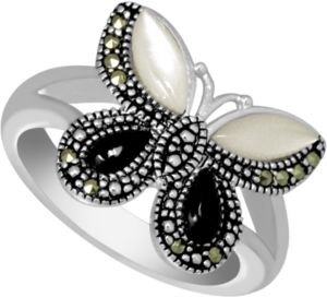 Swarovski Marcasite, Onyx, & Mother-of-Pearl Butterfly Ring in Fine Silver-Plate