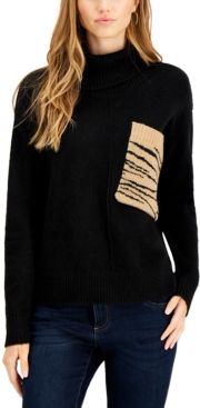 Zebra-Pocket Turtleneck Sweater