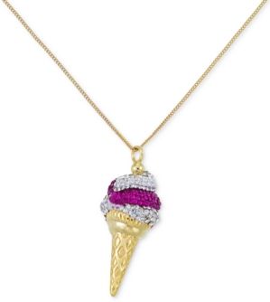 Pink and Clear Crystal Ice Cream Cone Pendant Necklace in 18k Gold over Sterling Silver