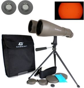 70mm 15 Power Day and Night Binocular with Massive Objective Lenses, Solar Filter Caps and Table Top Tripod and Case