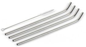6-Pc. Stainless Steel Reusable Bent Neck Straws with Cleaning Brush & Holder
