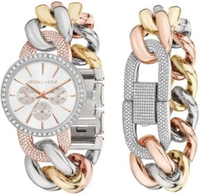 Large Open-Link Crystal Embellished Gold Tone, Silver Tone and Rose Gold Tone Stainless Steel Strap Analog Watch and Bracelet Set 40mm