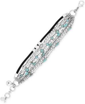 Silver-Tone Multi-Row Turquoise-Look Bead and Leather Cord Bracelet