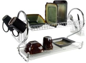 16" Two Shelf Dish Rack with Easily Removable Draining Tray, 6 Cup Hangers and Removable Utensil Holder