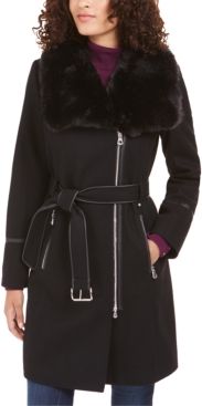 Inc Faux-Fur-Collar Belted Faux-Leather-Trim Coat, Created for Macy's