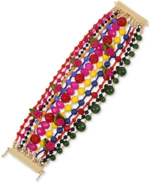 Gold-Tone Bead, Fireball & Fabric Rose Multi-Row Statement Bracelet