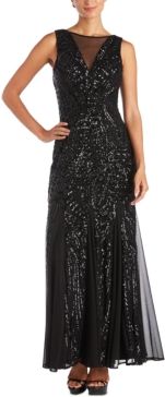 Illusion-Trim Sequin Gown