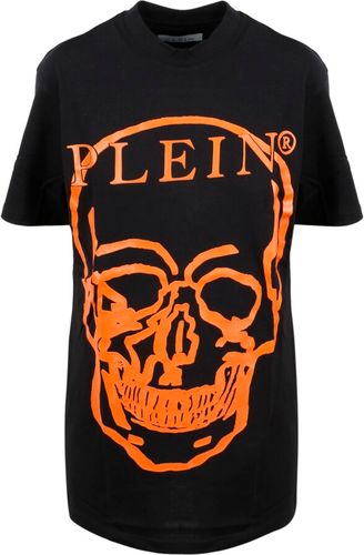 Philipp Plein, Jersey T-shirt Round Neck SS Skull and Plein Nero, Donna, Taglia: L