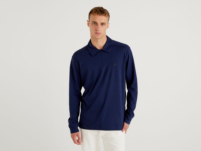 Benetton, Polo 100% Cotone Con Zip, Blu Scuro, Uomo