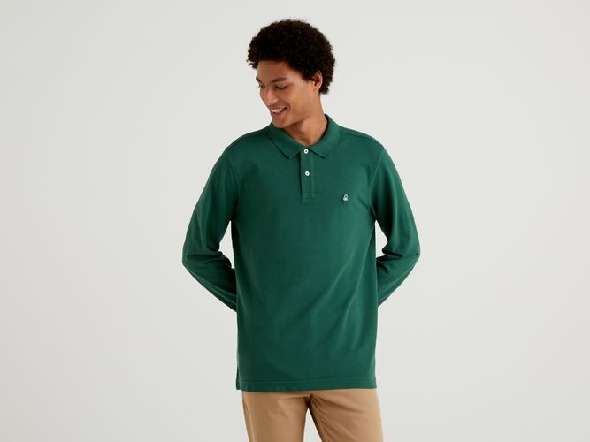 Benetton, Polo A Manica Lunga 100% Cotone, Verde Scuro, Uomo