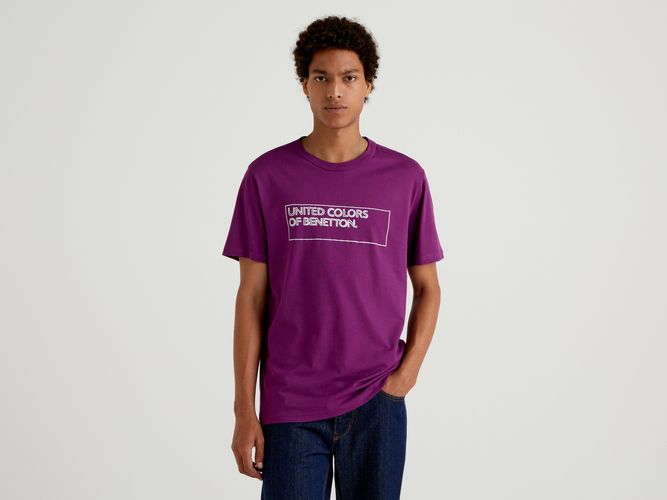 Benetton, T-shirt Viola In Cotone Bio Con Stampa Logo, Prugna, Uomo