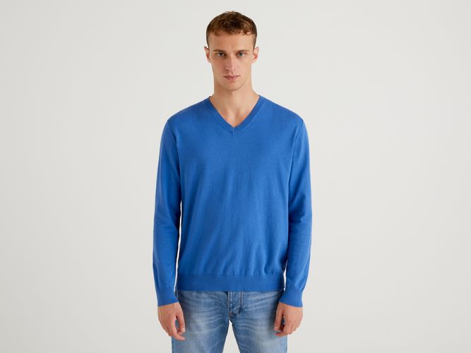 Benetton, Maglia Scollo A V In Misto Cotone Leggero, Bluette, Uomo