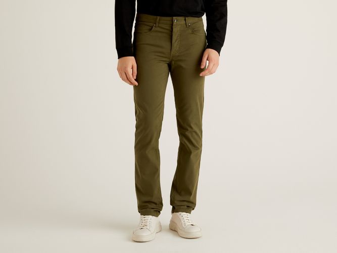 Benetton, Pantaloni Cinque Tasche In Cotone Stretch, Verde Militare, Uomo