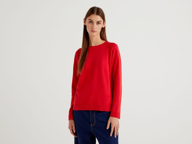 Benetton, Maglia Girocollo Rossa In Misto Lana E Cashmere, Rosso, Donna