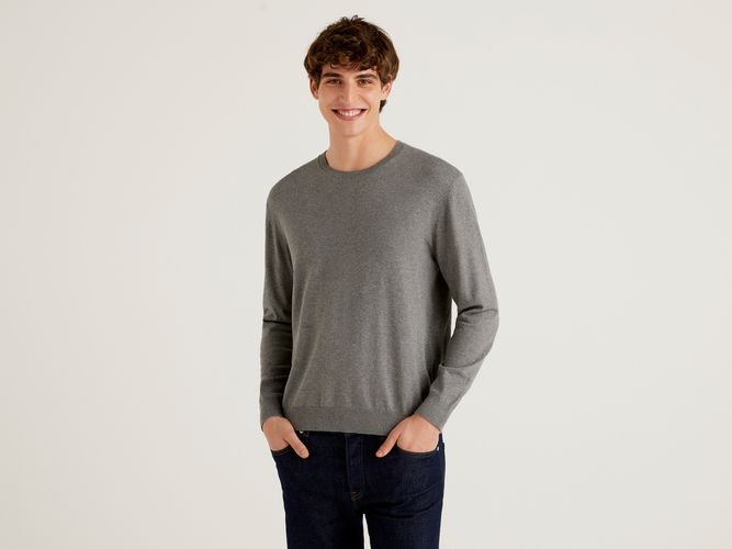 Benetton, Maglia Girocollo In Misto Cotone Leggero, Grigio Scuro, Uomo