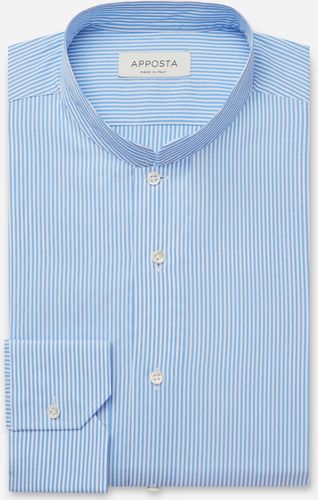 Camicia righe azzurro 100% puro cotone tela, collo stile collo alla coreana aperto