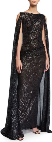Caped Cold-Shoulder Micro-Sequined Gown