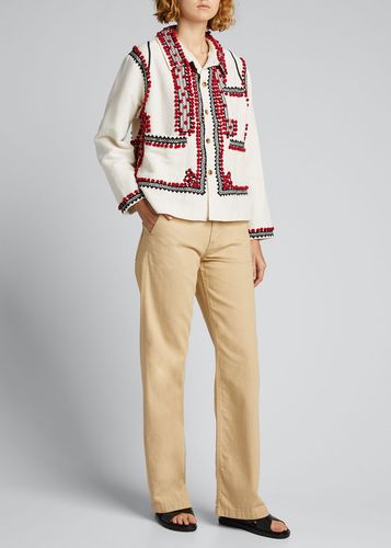 Embroidered Pompom Linen-Cotton Jacket