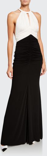 Ruched Two-Tone Jersey Halter-Neck Gown