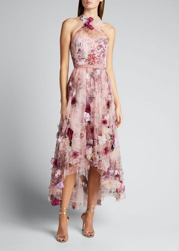 High-Low Floral Printed Tulle Halter Dress with 3D Flowers