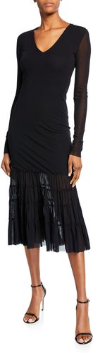 Long-Sleeve V-Neck Midi Dress