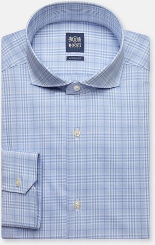 camicia principe di galles azzurra in cotone slim