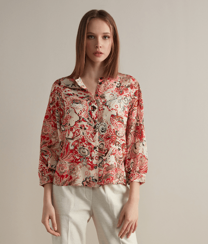 Cropped Shirt with Mandarin Collar Woman Coral Red Paisley Pattern Size LL