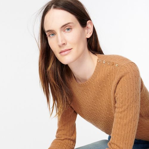 Cable-knit cashmere crewneck sweater with shoulder buttons