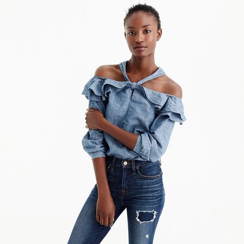 Off-the-shoulder tie-neck top in chambray