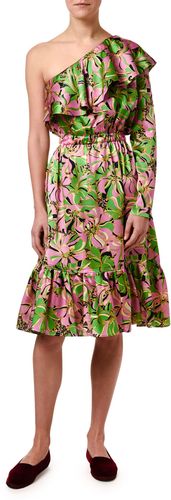 Boogie One-Shoulder Floral Print Hammered Satin Dress