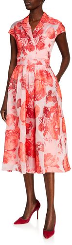 Oversized Rose Fil Coupe Cap-Sleeve Full Skirt Dress
