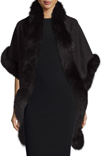 Cashmere Fox-Trim Shawl, Black